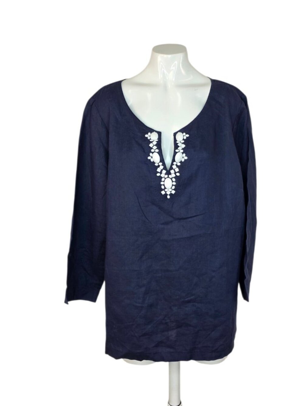 Kate Hill 100% Linen Embellished 3/4 Sleeve V- Neck Top, Blue, Size XL